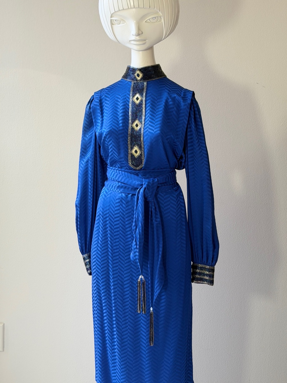 Vintage Lillie Rubin Royal Blue rLong Sleeve Belted Midi Dress